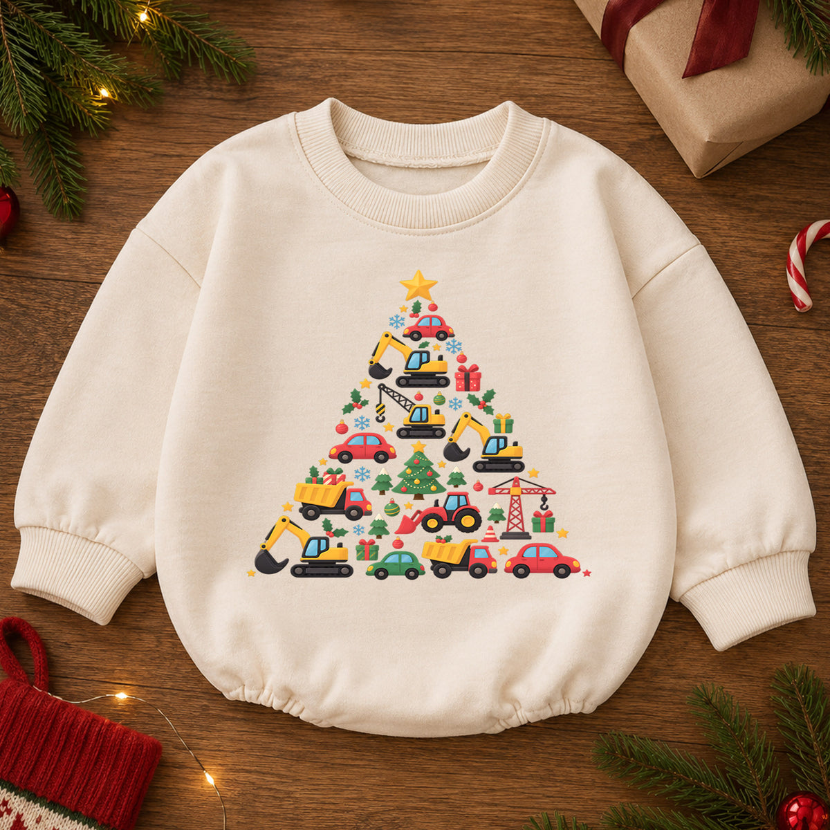 Construction Christmas Baby Outfit, Excavator Truck Christmas Tree Romper, Toddler Boy Holiday Romper, Xmas Baby Gift — product view 2