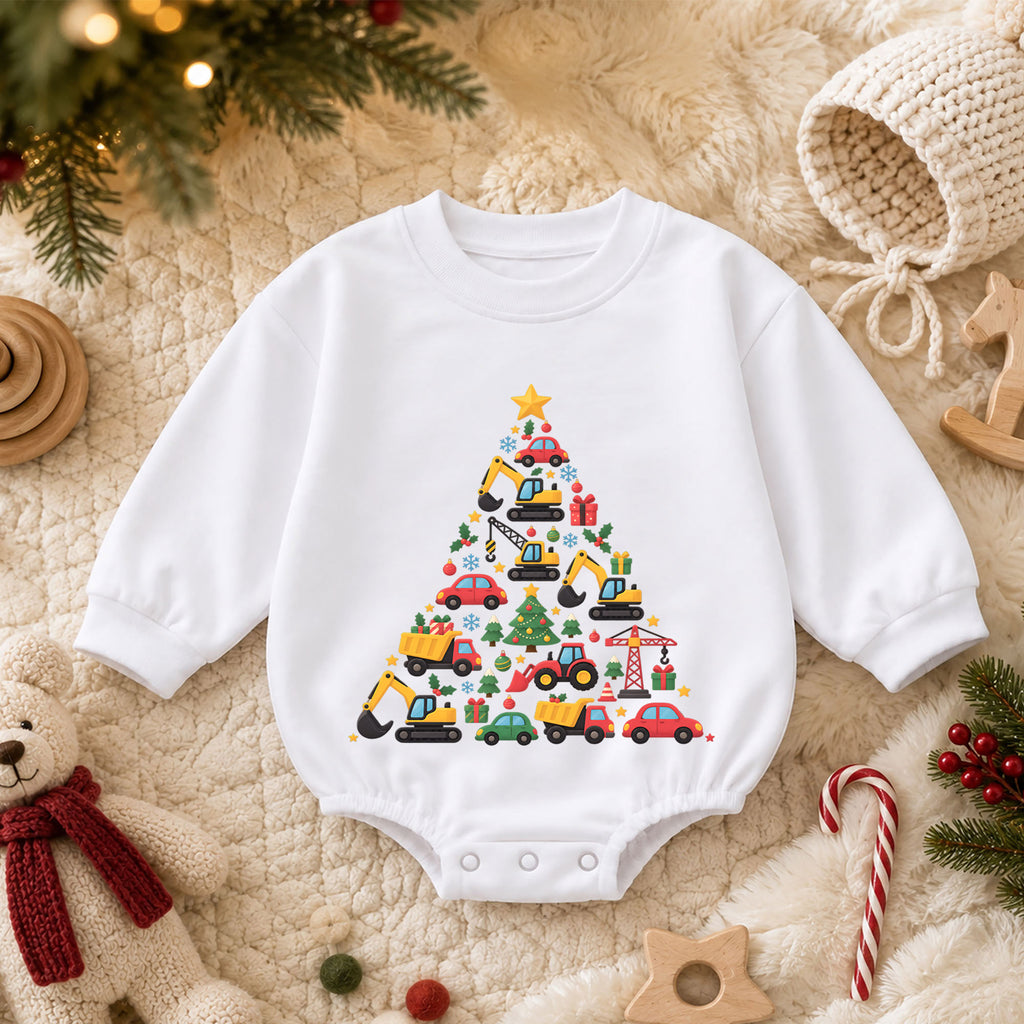 Construction Christmas Baby Outfit, Excavator Truck Christmas Tree Romper, Toddler Boy Holiday Romper, Xmas Baby Gift — product view 3