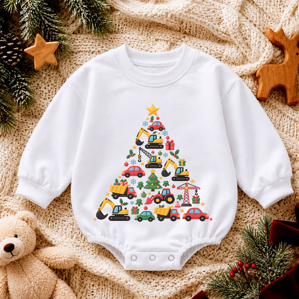 Construction Christmas Baby Outfit, Excavator Truck Christmas Tree Romper, Toddler Boy Holiday Romper, Xmas Baby Gift — product view 4