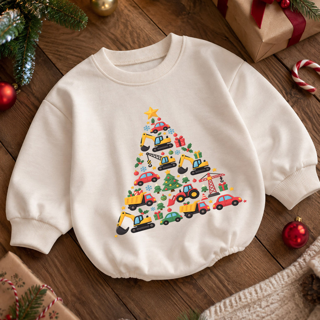 Construction Christmas Baby Outfit, Excavator Truck Christmas Tree Romper, Toddler Boy Holiday Romper, Xmas Baby Gift — product view 5