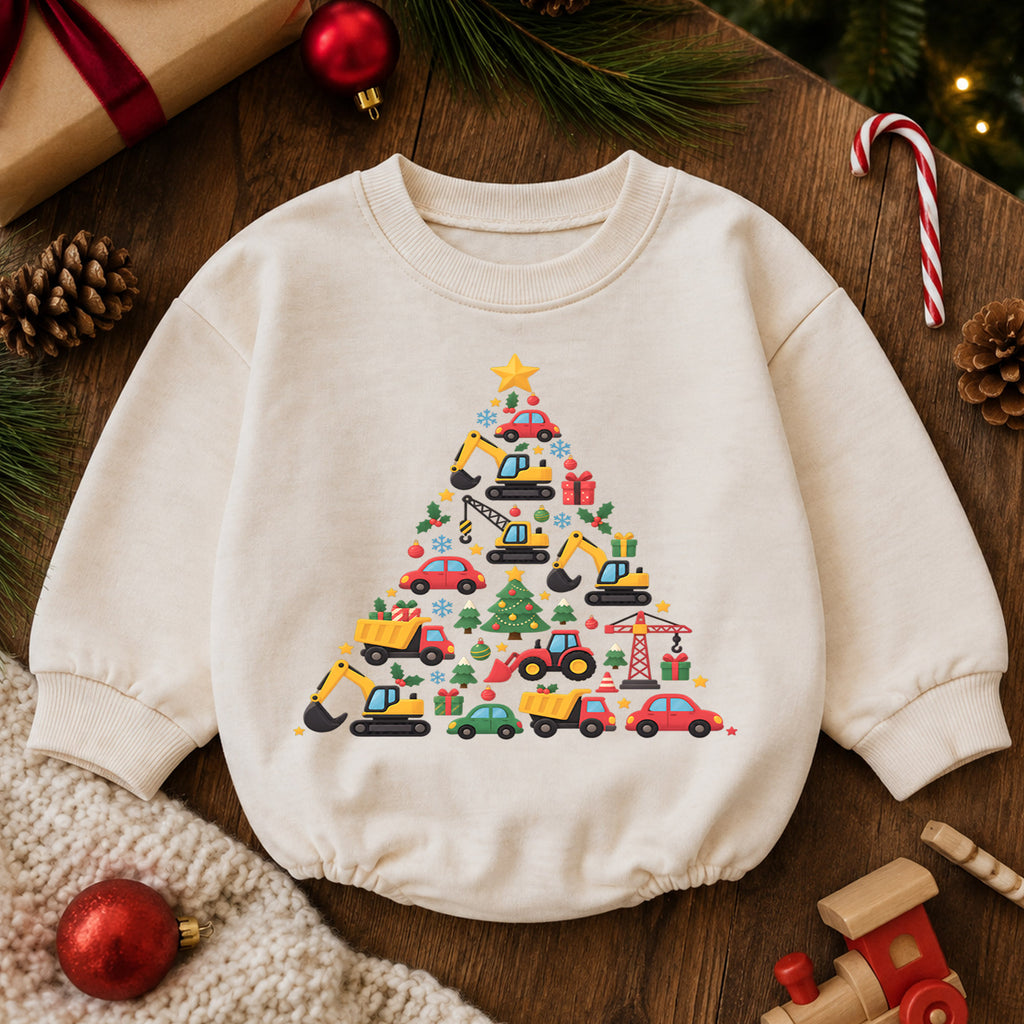 Construction Christmas Baby Outfit, Excavator Truck Christmas Tree Romper, Toddler Boy Holiday Romper, Xmas Baby Gift — product view 6