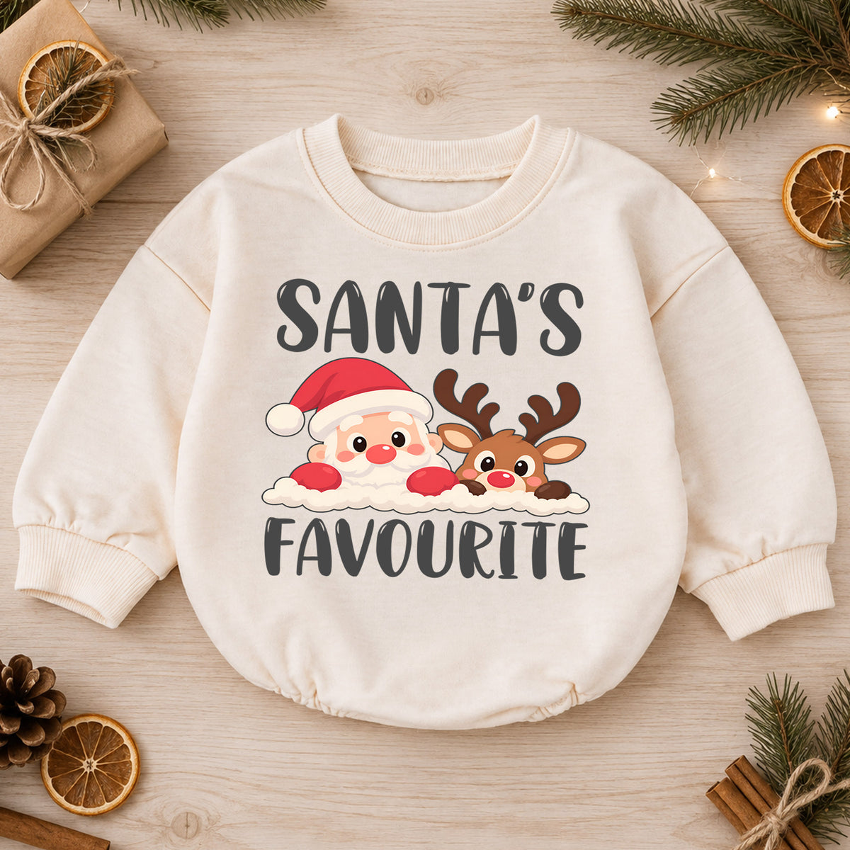 Santas Favourite Baby Romper, Cute Santa and Reindeer Christmas Romper, Toddler Holiday Outfit, Xmas Gift for Baby — product view 1