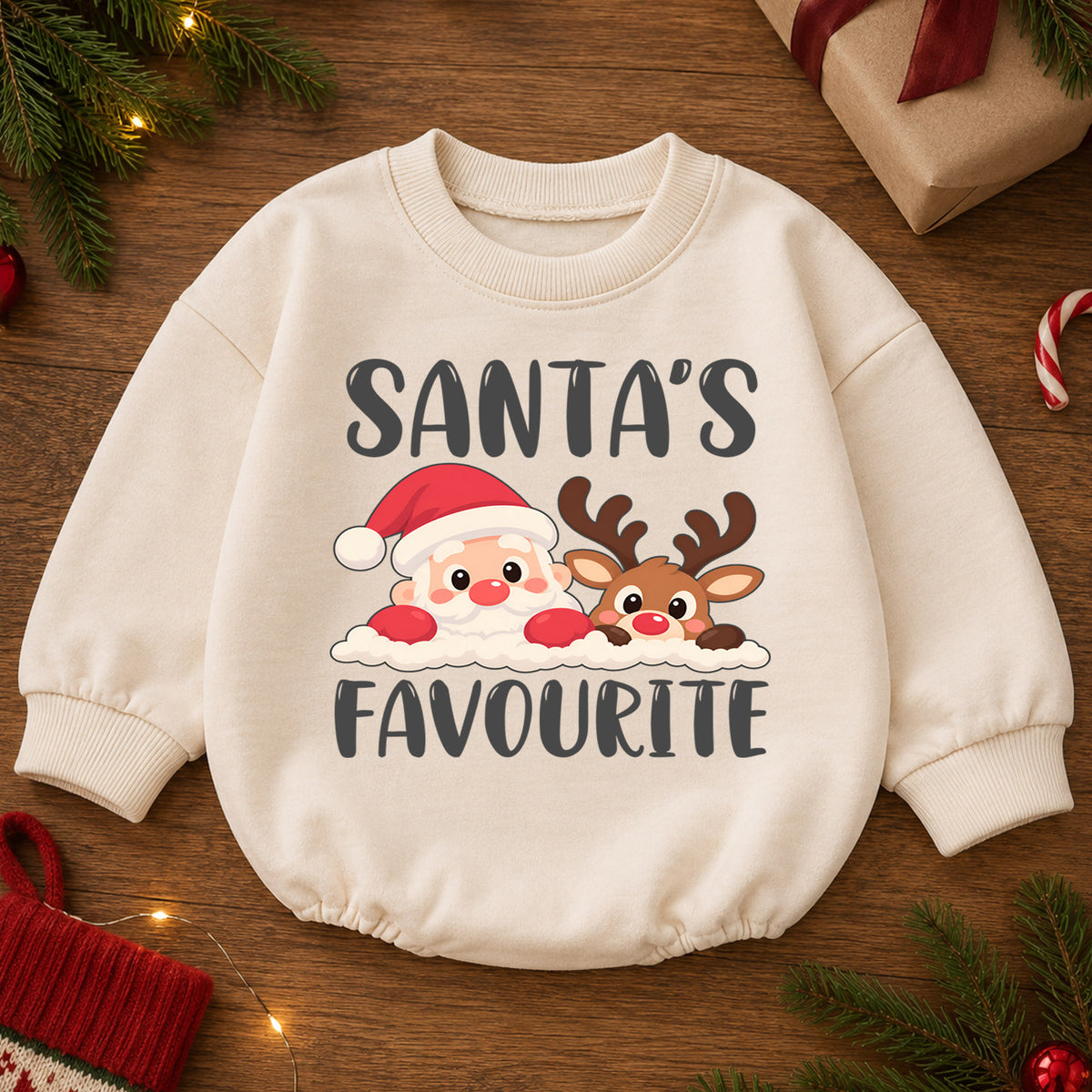 Santas Favourite Baby Romper, Cute Santa and Reindeer Christmas Romper, Toddler Holiday Outfit, Xmas Gift for Baby — product view 2