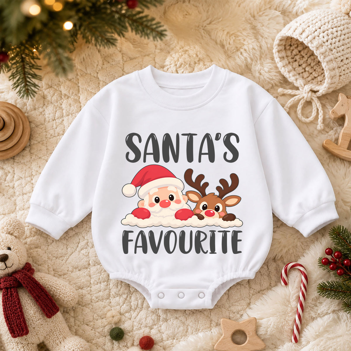 Santas Favourite Baby Romper, Cute Santa and Reindeer Christmas Romper, Toddler Holiday Outfit, Xmas Gift for Baby — product view 3
