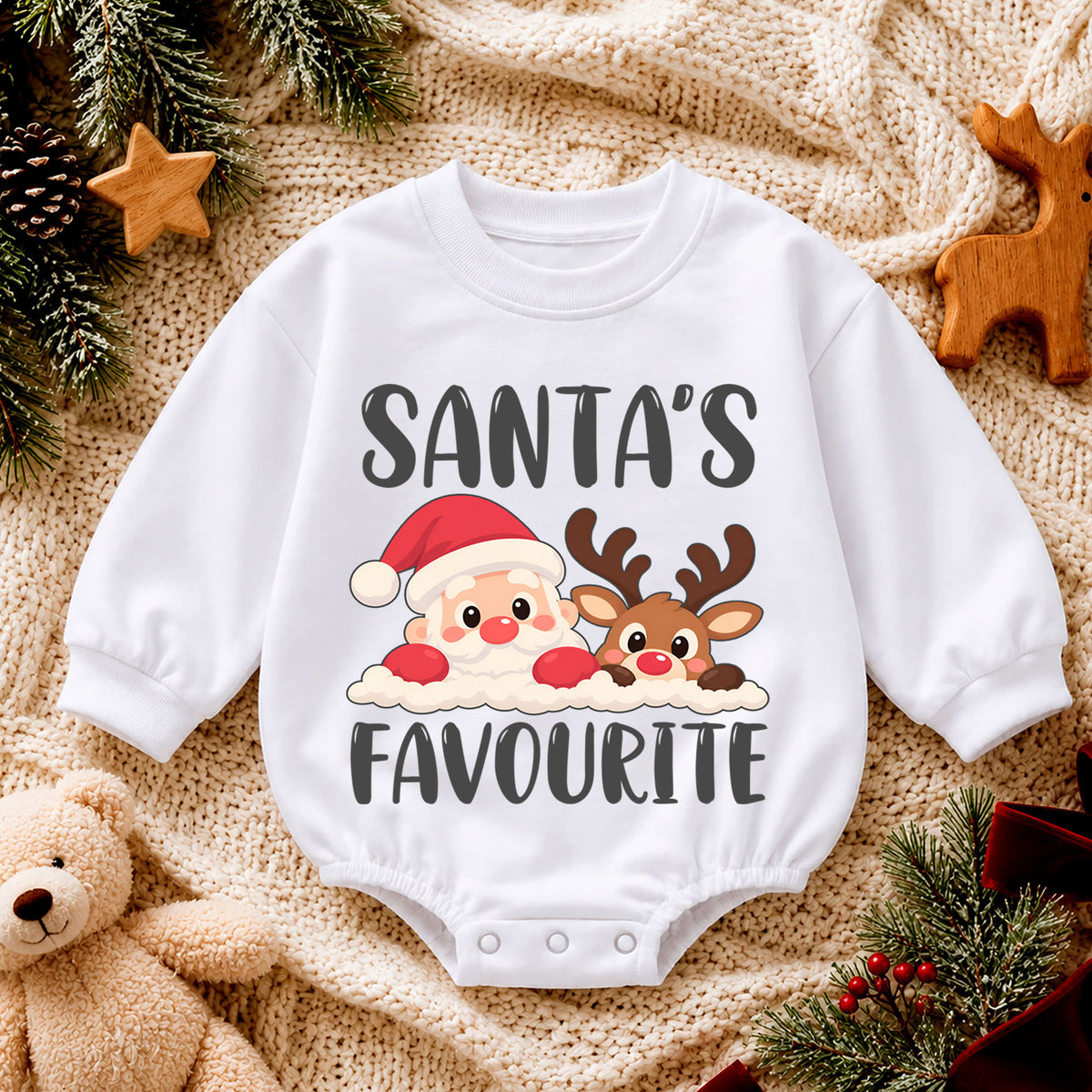 Santas Favourite Baby Romper, Cute Santa and Reindeer Christmas Romper, Toddler Holiday Outfit, Xmas Gift for Baby — product view 4
