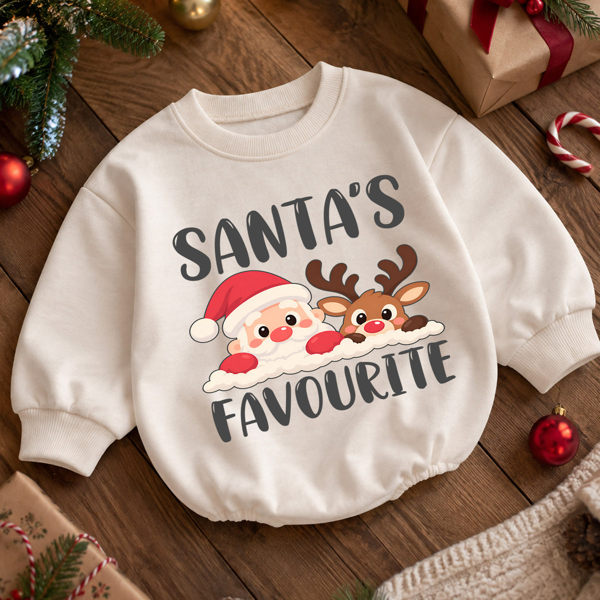Santas Favourite Baby Romper, Cute Santa and Reindeer Christmas Romper, Toddler Holiday Outfit, Xmas Gift for Baby — product view 5