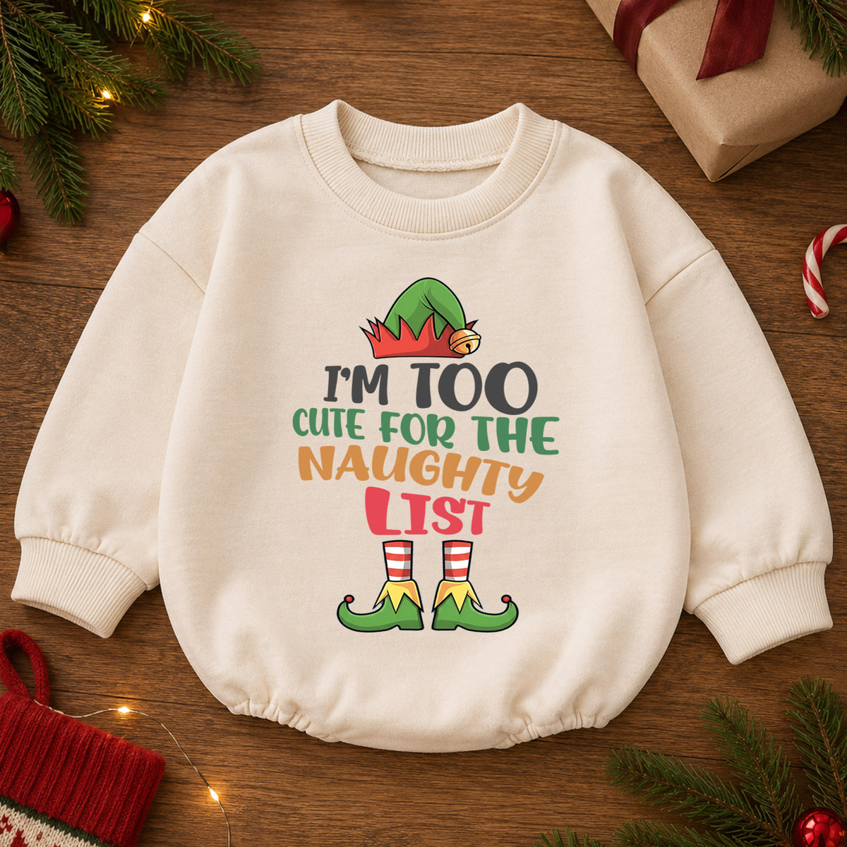 Im Too Cute for the Naughty List Baby Romper, Funny Elf Christmas Romper, Toddler Holiday Outfit, Cute Xmas Gift — product view 2