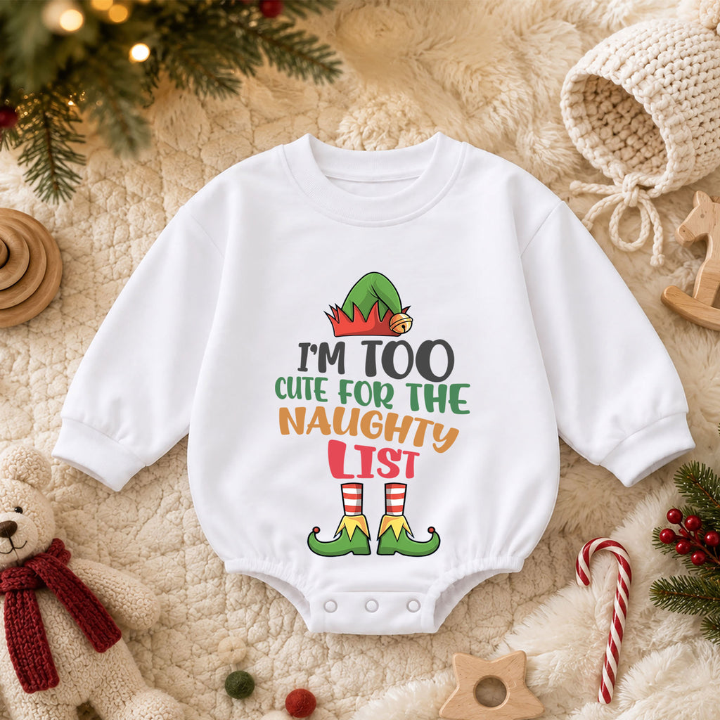 Im Too Cute for the Naughty List Baby Romper, Funny Elf Christmas Romper, Toddler Holiday Outfit, Cute Xmas Gift — product view 3