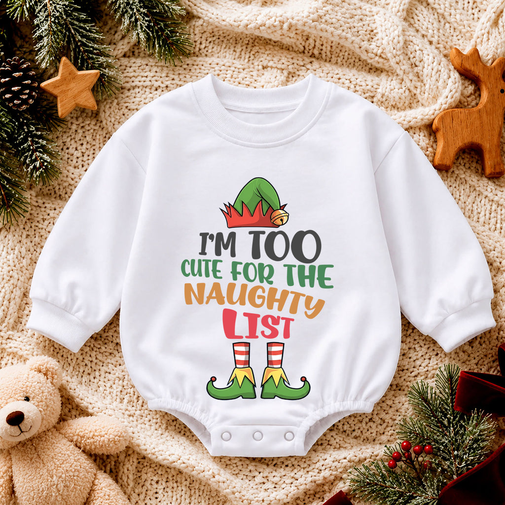 Im Too Cute for the Naughty List Baby Romper, Funny Elf Christmas Romper, Toddler Holiday Outfit, Cute Xmas Gift — product view 4