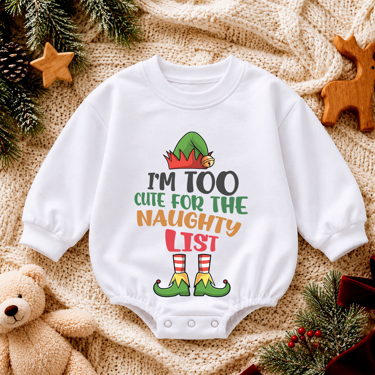 Im Too Cute for the Naughty List Baby Romper, Funny Elf Christmas Romper, Toddler Holiday Outfit, Cute Xmas Gift — product view 4