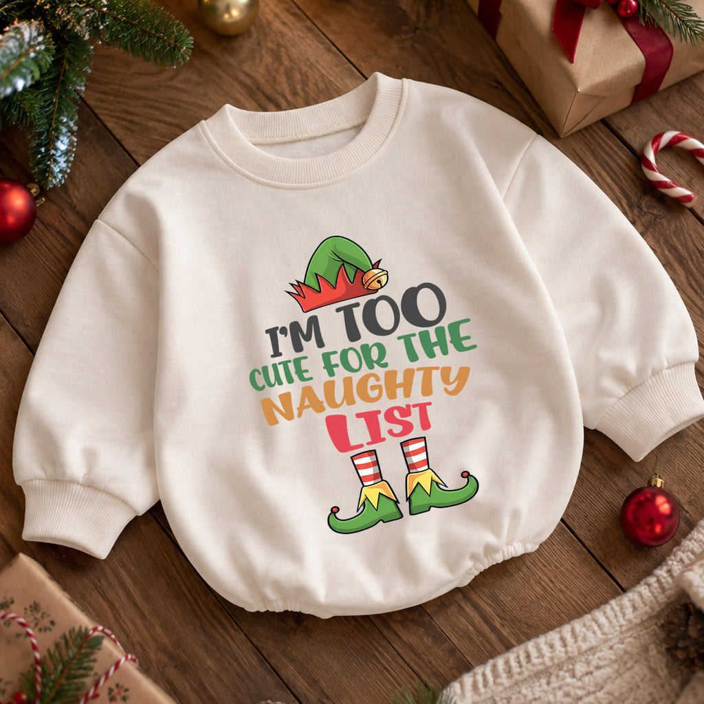 Im Too Cute for the Naughty List Baby Romper, Funny Elf Christmas Romper, Toddler Holiday Outfit, Cute Xmas Gift — product view 5