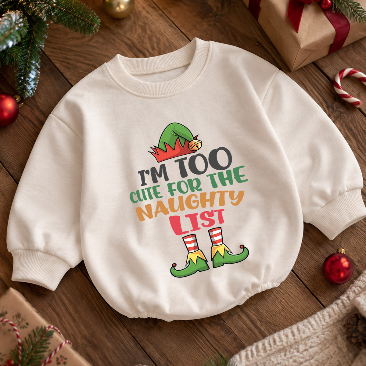 Im Too Cute for the Naughty List Baby Romper, Funny Elf Christmas Romper, Toddler Holiday Outfit, Cute Xmas Gift — product view 5