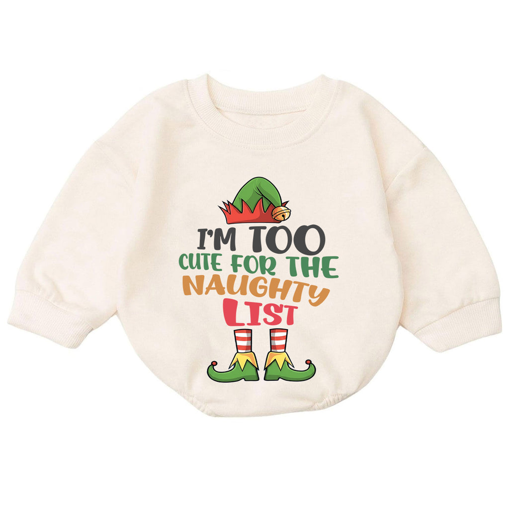 Im Too Cute for the Naughty List Baby Romper, Funny Elf Christmas Romper, Toddler Holiday Outfit, Cute Xmas Gift — product view 7
