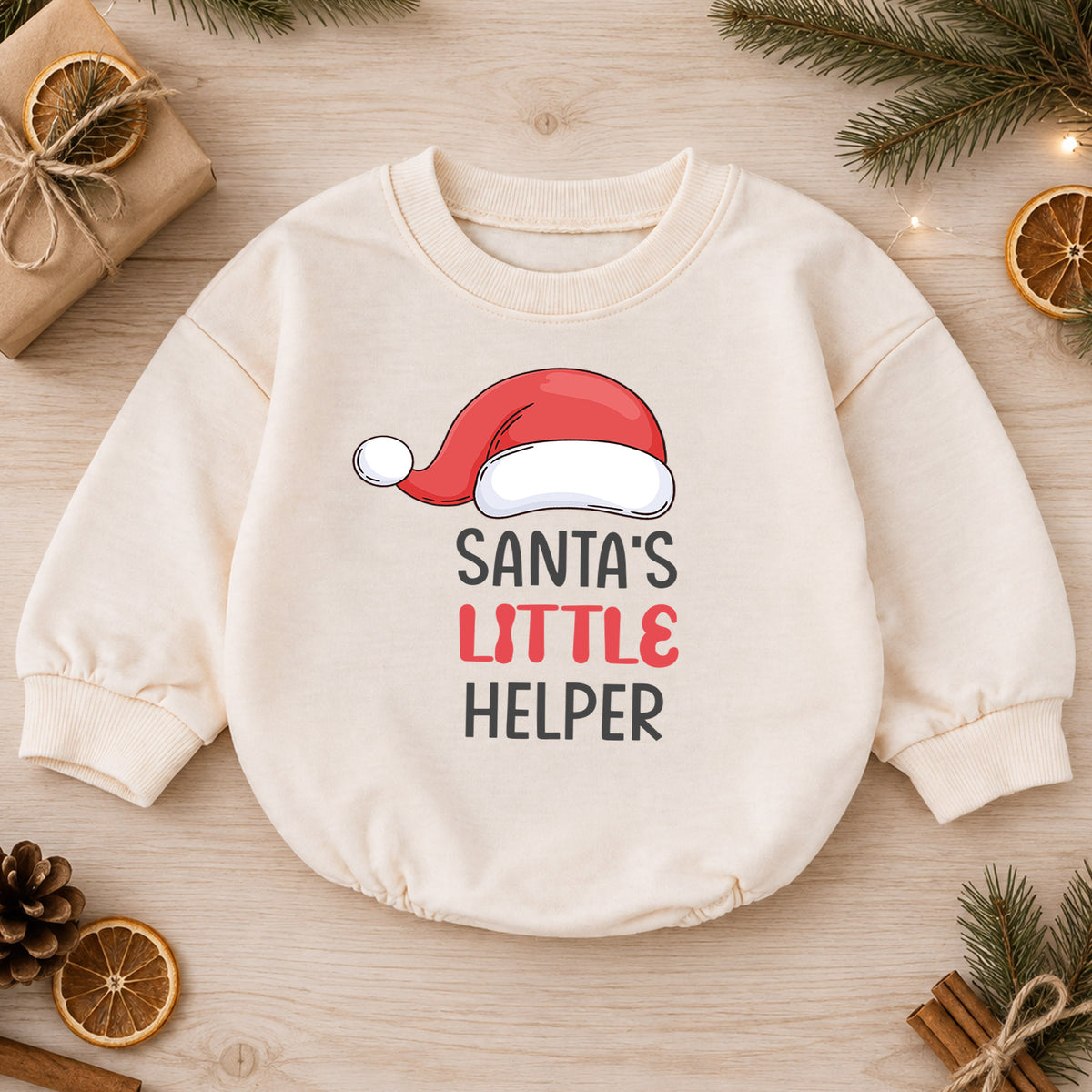 Santas Little Helper Baby Romper, Cute Santa Hat Christmas Romper, Toddler Holiday Outfit, Baby Xmas Gift for Baby — product view 1