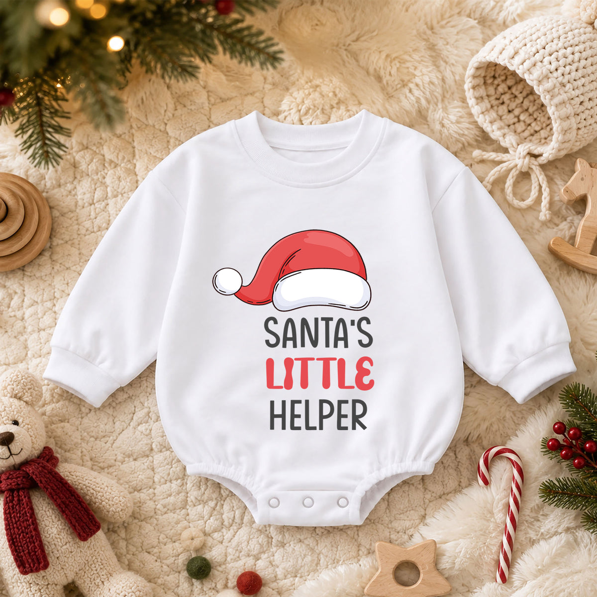 Santas Little Helper Baby Romper, Cute Santa Hat Christmas Romper, Toddler Holiday Outfit, Baby Xmas Gift for Baby — product view 3