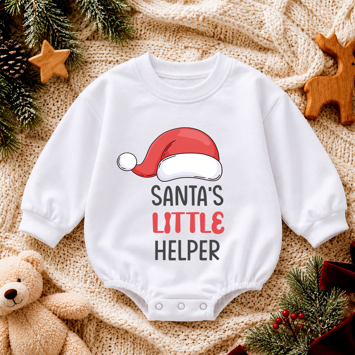 Santas Little Helper Baby Romper, Cute Santa Hat Christmas Romper, Toddler Holiday Outfit, Baby Xmas Gift for Baby — product view 4