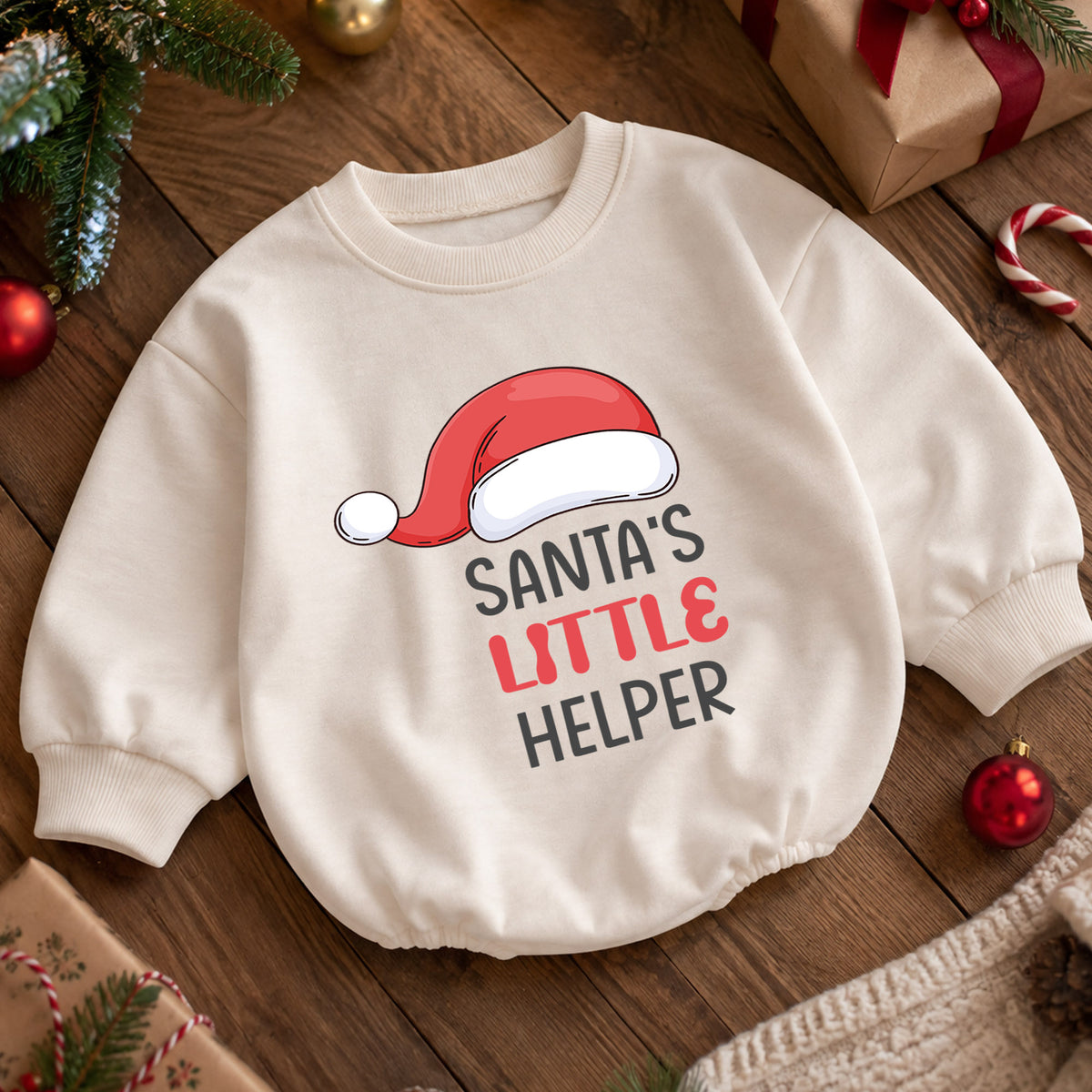 Santas Little Helper Baby Romper, Cute Santa Hat Christmas Romper, Toddler Holiday Outfit, Baby Xmas Gift for Baby — product view 5