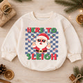 Here to Sleigh Baby Romper, Cool Santa Christmas Romper, Retro Checkerboard Holiday Outfit, Funny Toddler Xmas Gift — product view 1