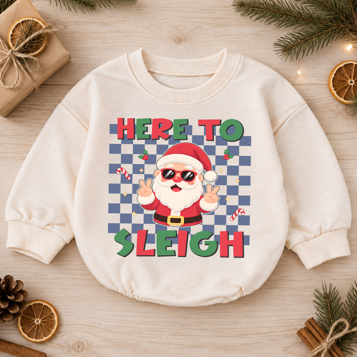 Here to Sleigh Baby Romper, Cool Santa Christmas Romper, Retro Checkerboard Holiday Outfit, Funny Toddler Xmas Gift — product view 1