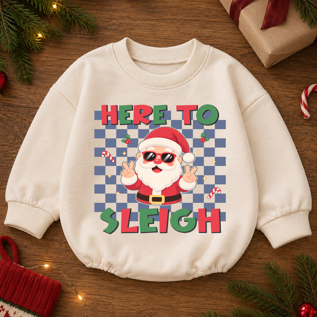 Here to Sleigh Baby Romper, Cool Santa Christmas Romper, Retro Checkerboard Holiday Outfit, Funny Toddler Xmas Gift — product view 2