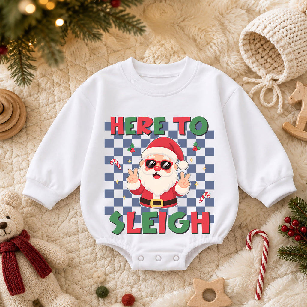Here to Sleigh Baby Romper, Cool Santa Christmas Romper, Retro Checkerboard Holiday Outfit, Funny Toddler Xmas Gift — product view 3