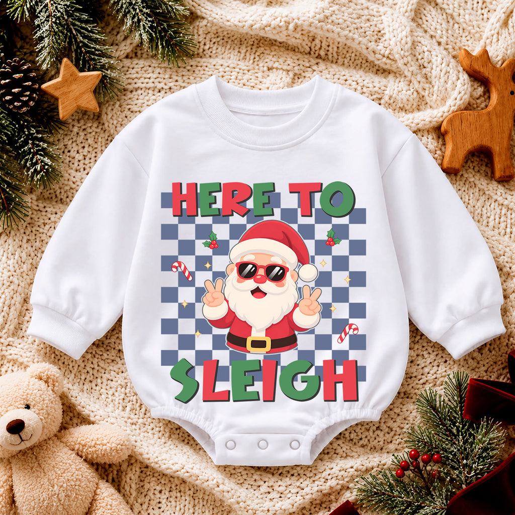 Here to Sleigh Baby Romper, Cool Santa Christmas Romper, Retro Checkerboard Holiday Outfit, Funny Toddler Xmas Gift — product view 4