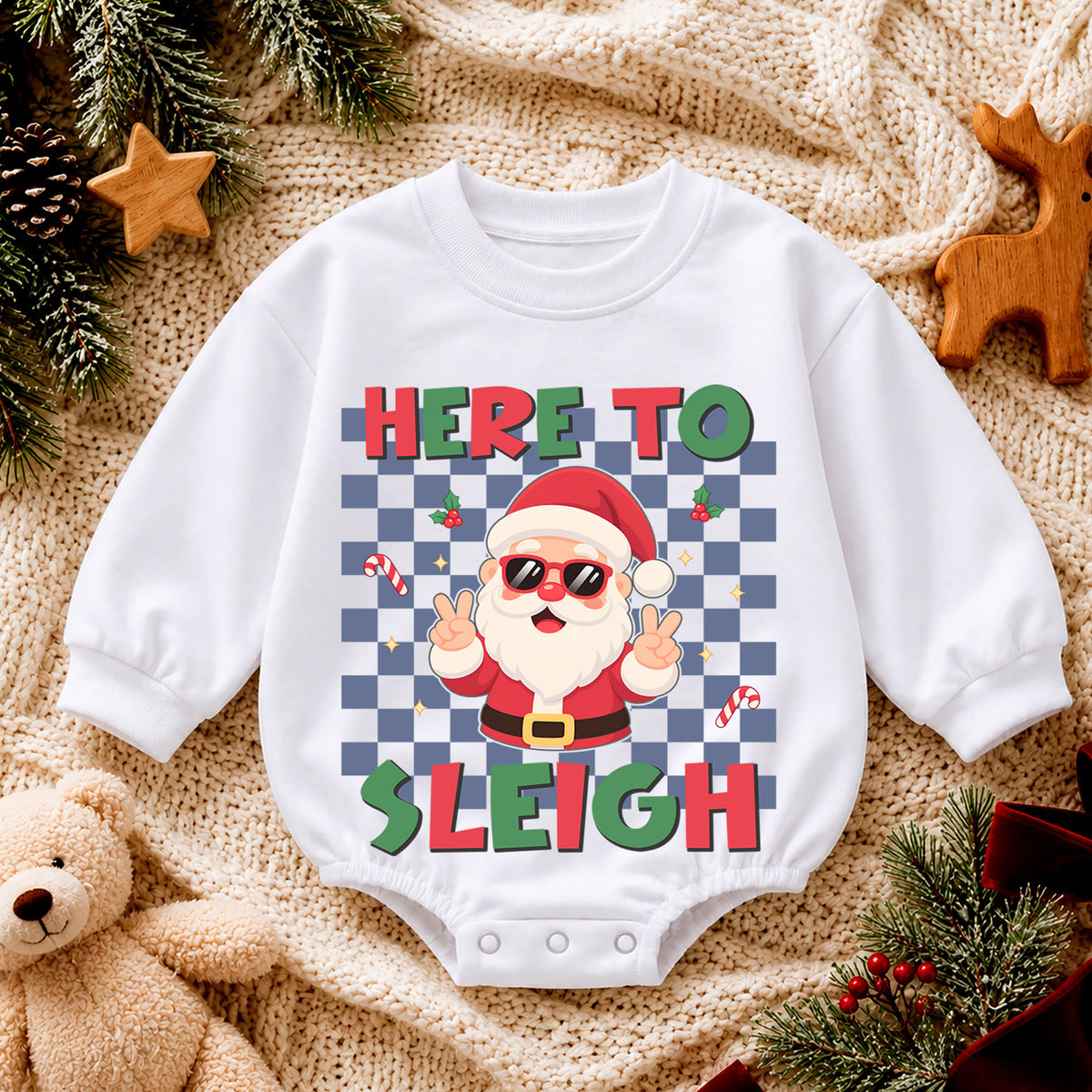 Here to Sleigh Baby Romper, Cool Santa Christmas Romper, Retro Checkerboard Holiday Outfit, Funny Toddler Xmas Gift — product view 4