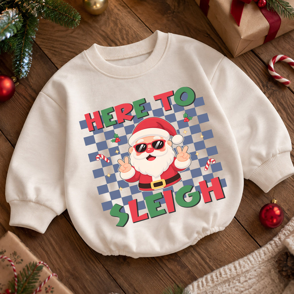 Here to Sleigh Baby Romper, Cool Santa Christmas Romper, Retro Checkerboard Holiday Outfit, Funny Toddler Xmas Gift — product view 5