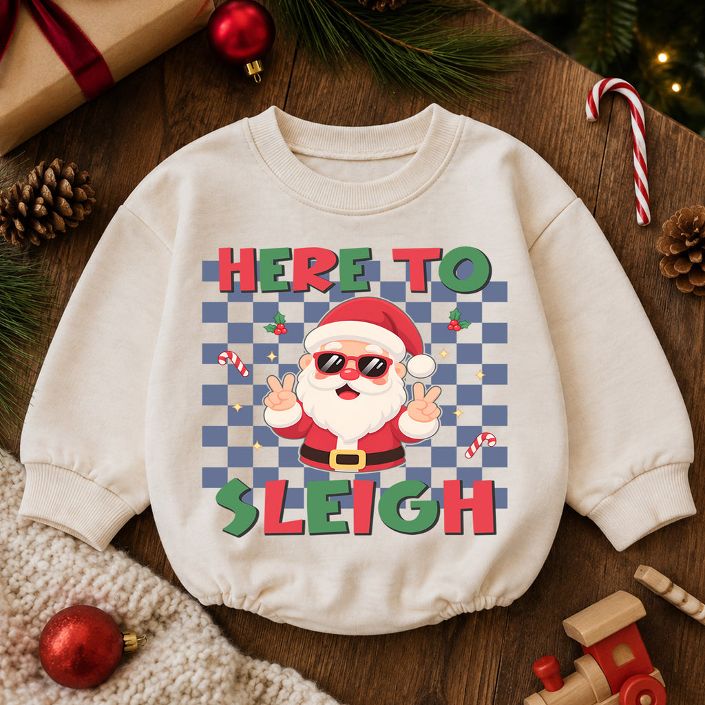 Here to Sleigh Baby Romper, Cool Santa Christmas Romper, Retro Checkerboard Holiday Outfit, Funny Toddler Xmas Gift — product view 6