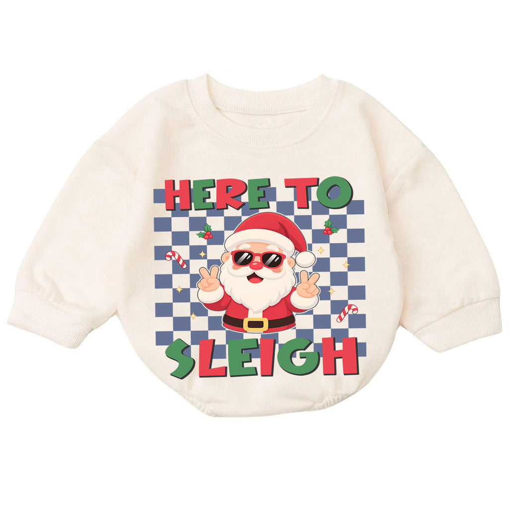 Here to Sleigh Baby Romper, Cool Santa Christmas Romper, Retro Checkerboard Holiday Outfit, Funny Toddler Xmas Gift — product view 7