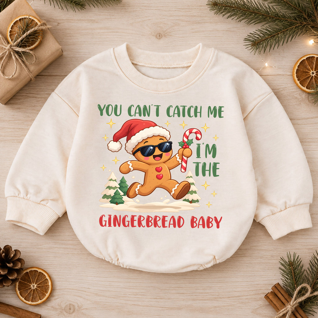 Gingerbread Baby Christmas Romper, You Can't Catch Me Holiday Romper, Funny Toddler Xmas Outfit, Cute Cookie Gift — product view 1