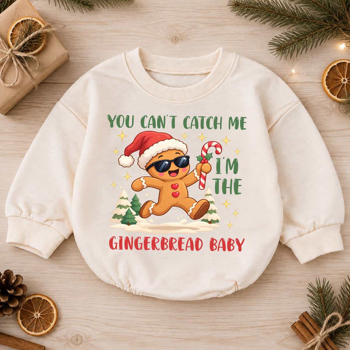 Gingerbread Baby Christmas Romper, You Can't Catch Me Holiday Romper, Funny Toddler Xmas Outfit, Cute Cookie Gift — product view 1