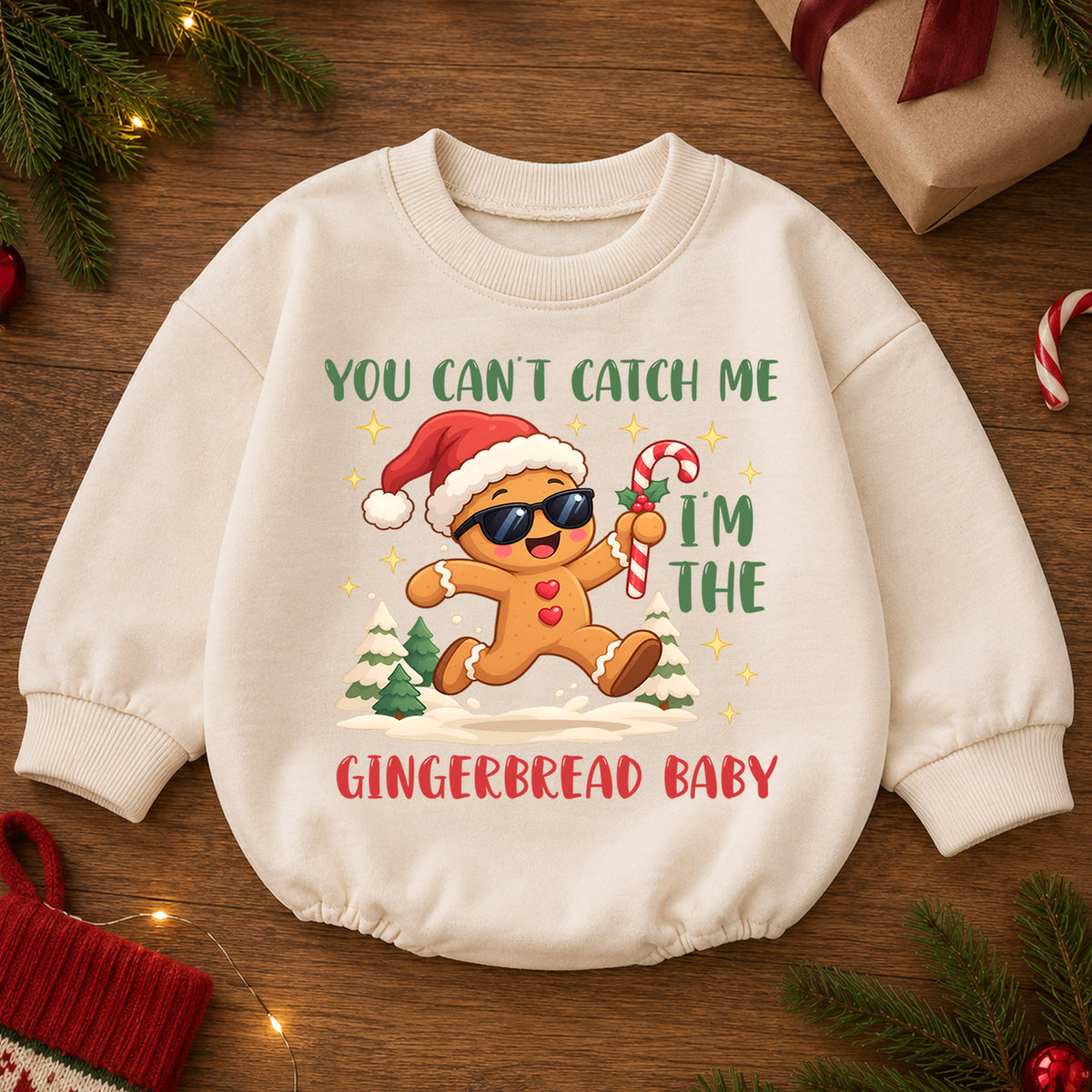 Gingerbread Baby Christmas Romper, You Can't Catch Me Holiday Romper, Funny Toddler Xmas Outfit, Cute Cookie Gift — product view 2
