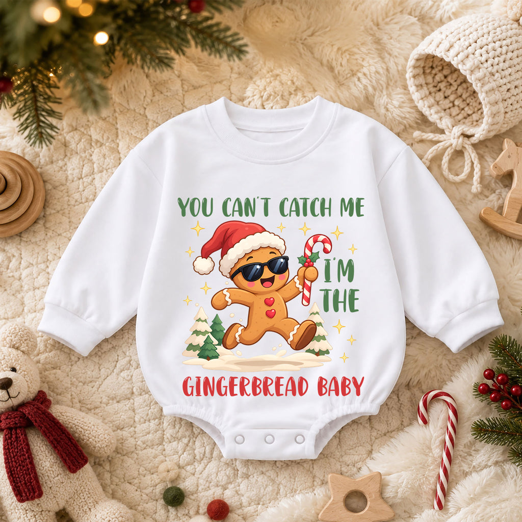 Gingerbread Baby Christmas Romper, You Can't Catch Me Holiday Romper, Funny Toddler Xmas Outfit, Cute Cookie Gift — product view 3
