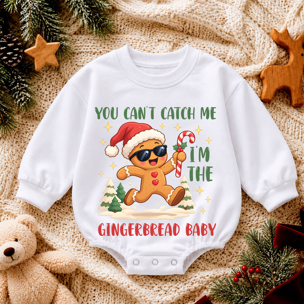 Gingerbread Baby Christmas Romper, You Can't Catch Me Holiday Romper, Funny Toddler Xmas Outfit, Cute Cookie Gift — product view 4