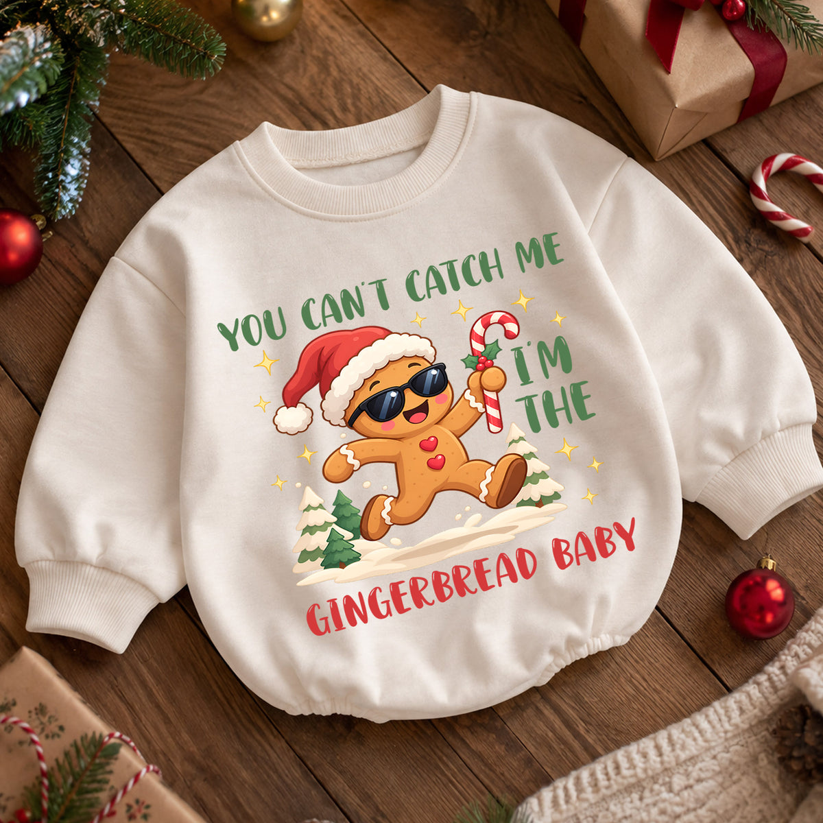 Gingerbread Baby Christmas Romper, You Can't Catch Me Holiday Romper, Funny Toddler Xmas Outfit, Cute Cookie Gift — product view 5