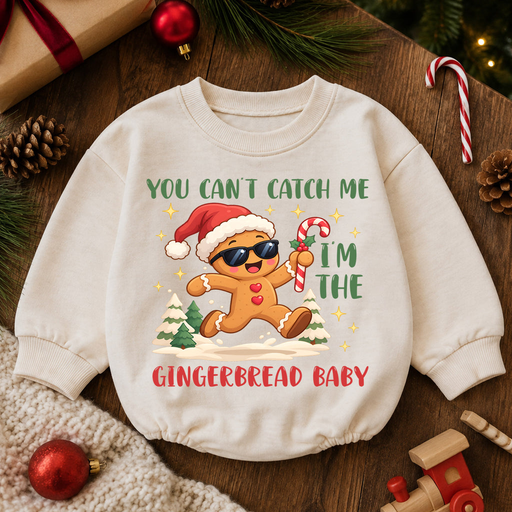 Gingerbread Baby Christmas Romper, You Can't Catch Me Holiday Romper, Funny Toddler Xmas Outfit, Cute Cookie Gift — product view 6