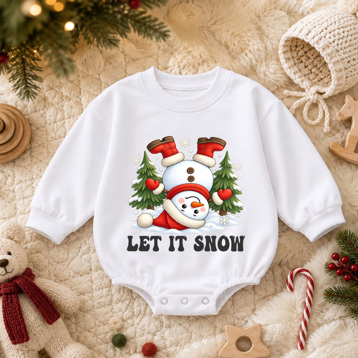 Let It Snow Baby Romper, Funny Snowman Christmas Romper, Toddler Winter Holiday Outfit, Cute Xmas Gift for Baby — product view 3