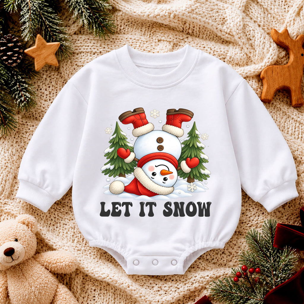 Let It Snow Baby Romper, Funny Snowman Christmas Romper, Toddler Winter Holiday Outfit, Cute Xmas Gift for Baby — product view 4