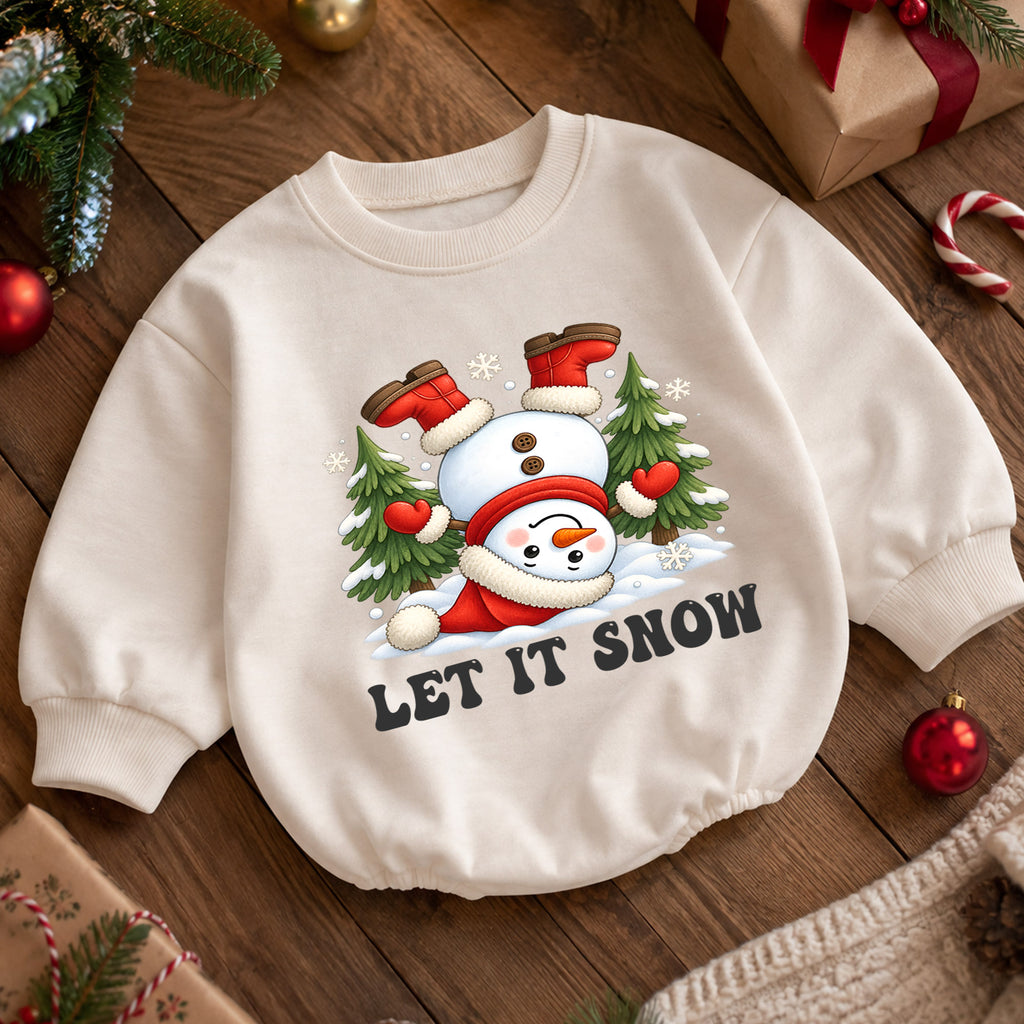 Let It Snow Baby Romper, Funny Snowman Christmas Romper, Toddler Winter Holiday Outfit, Cute Xmas Gift for Baby — product view 5