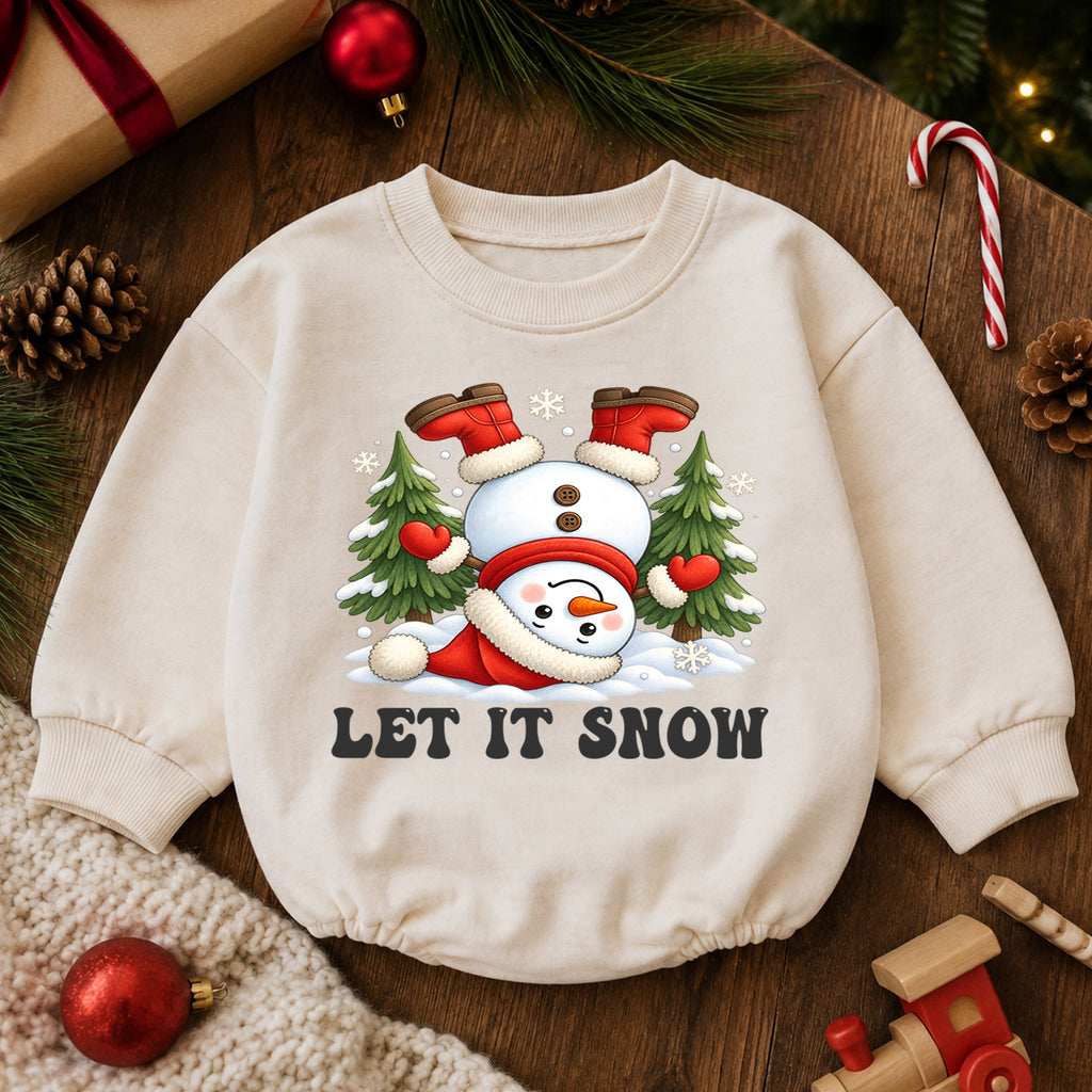 Let It Snow Baby Romper, Funny Snowman Christmas Romper, Toddler Winter Holiday Outfit, Cute Xmas Gift for Baby — product view 6
