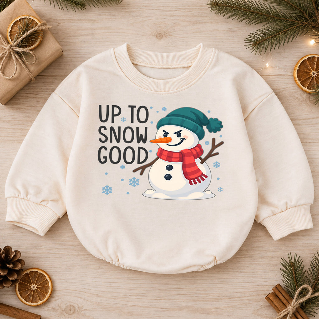 Up to Snow Good Baby Romper, Funny Snowman Christmas Romper, Toddler Winter Holiday Outfit, Cute Xmas Gift for Baby — product view 1