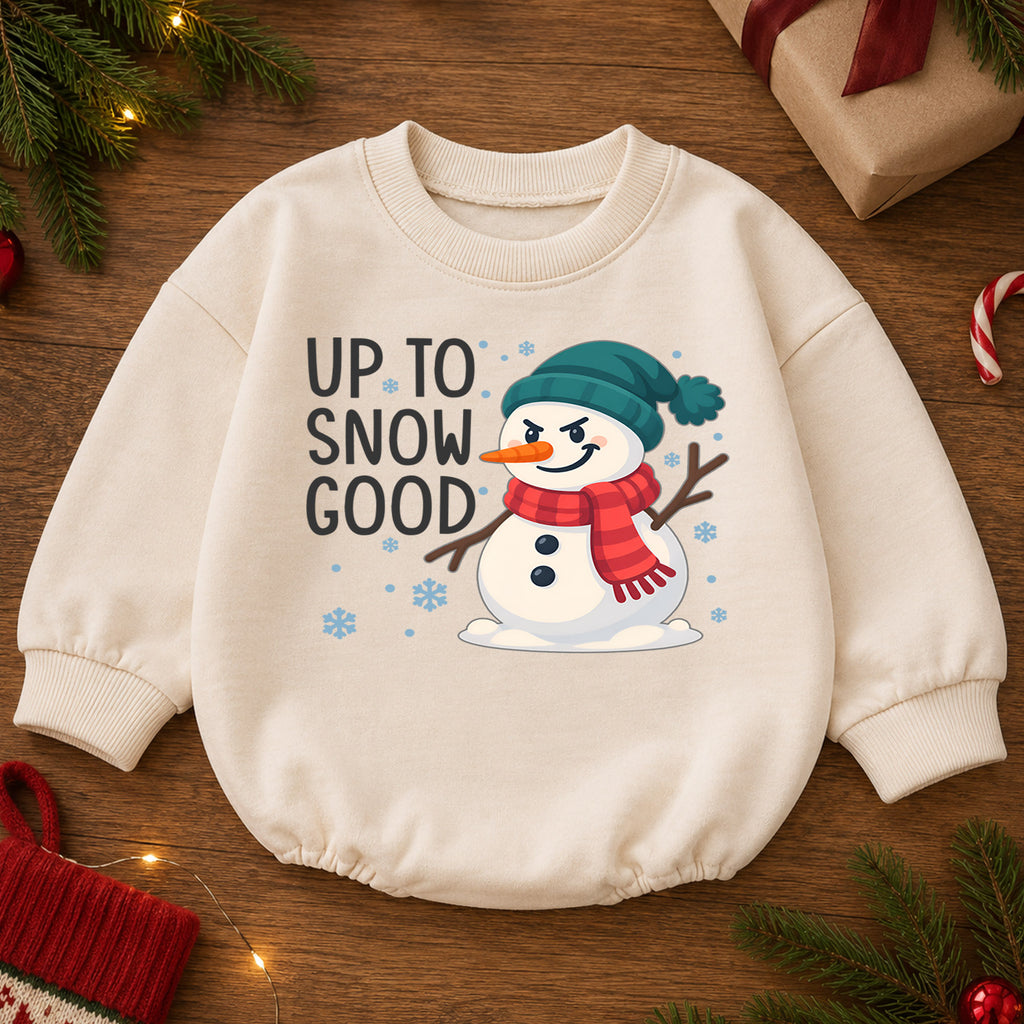 Up to Snow Good Baby Romper, Funny Snowman Christmas Romper, Toddler Winter Holiday Outfit, Cute Xmas Gift for Baby — product view 2