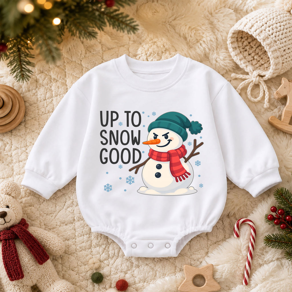 Up to Snow Good Baby Romper, Funny Snowman Christmas Romper, Toddler Winter Holiday Outfit, Cute Xmas Gift for Baby — product view 3