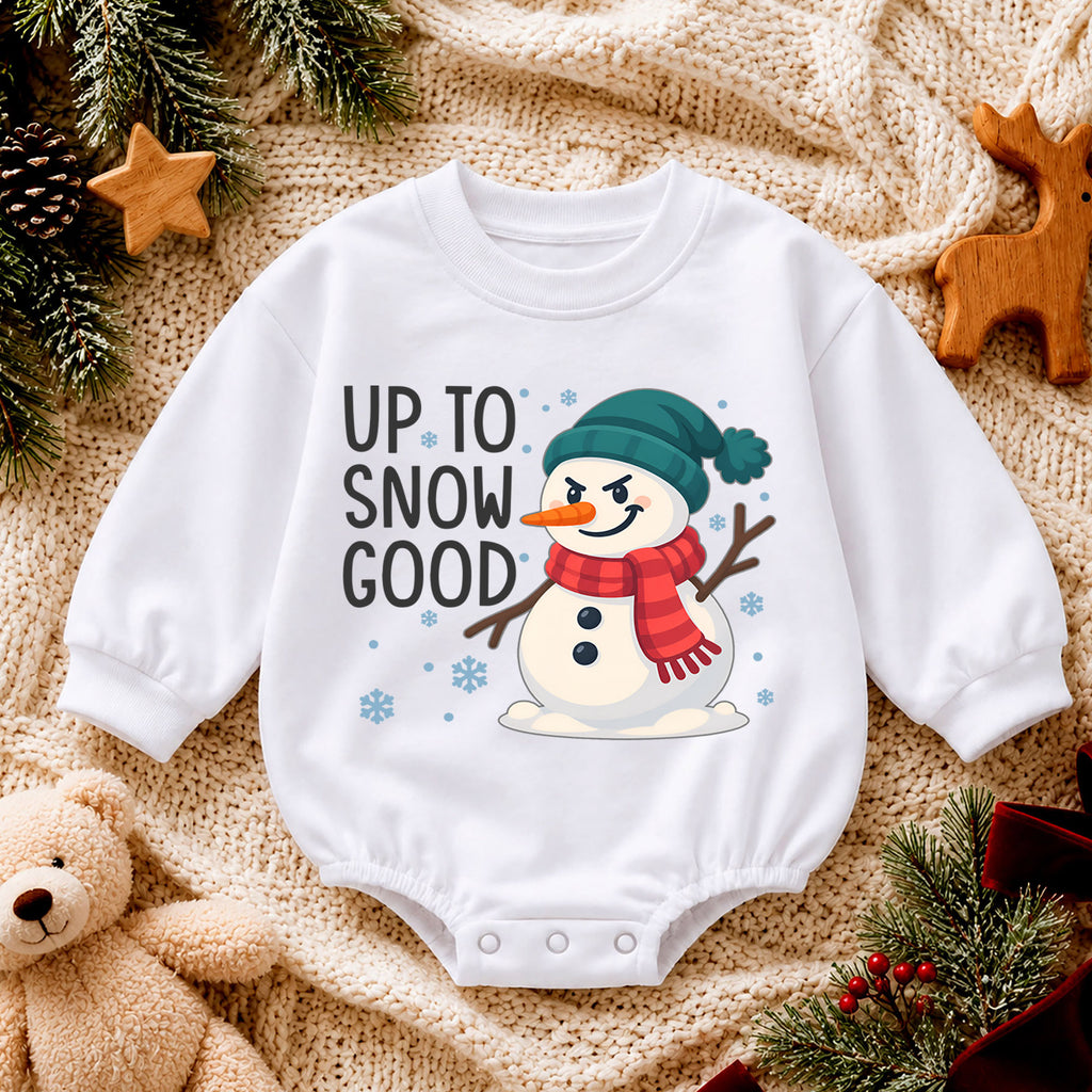 Up to Snow Good Baby Romper, Funny Snowman Christmas Romper, Toddler Winter Holiday Outfit, Cute Xmas Gift for Baby — product view 4