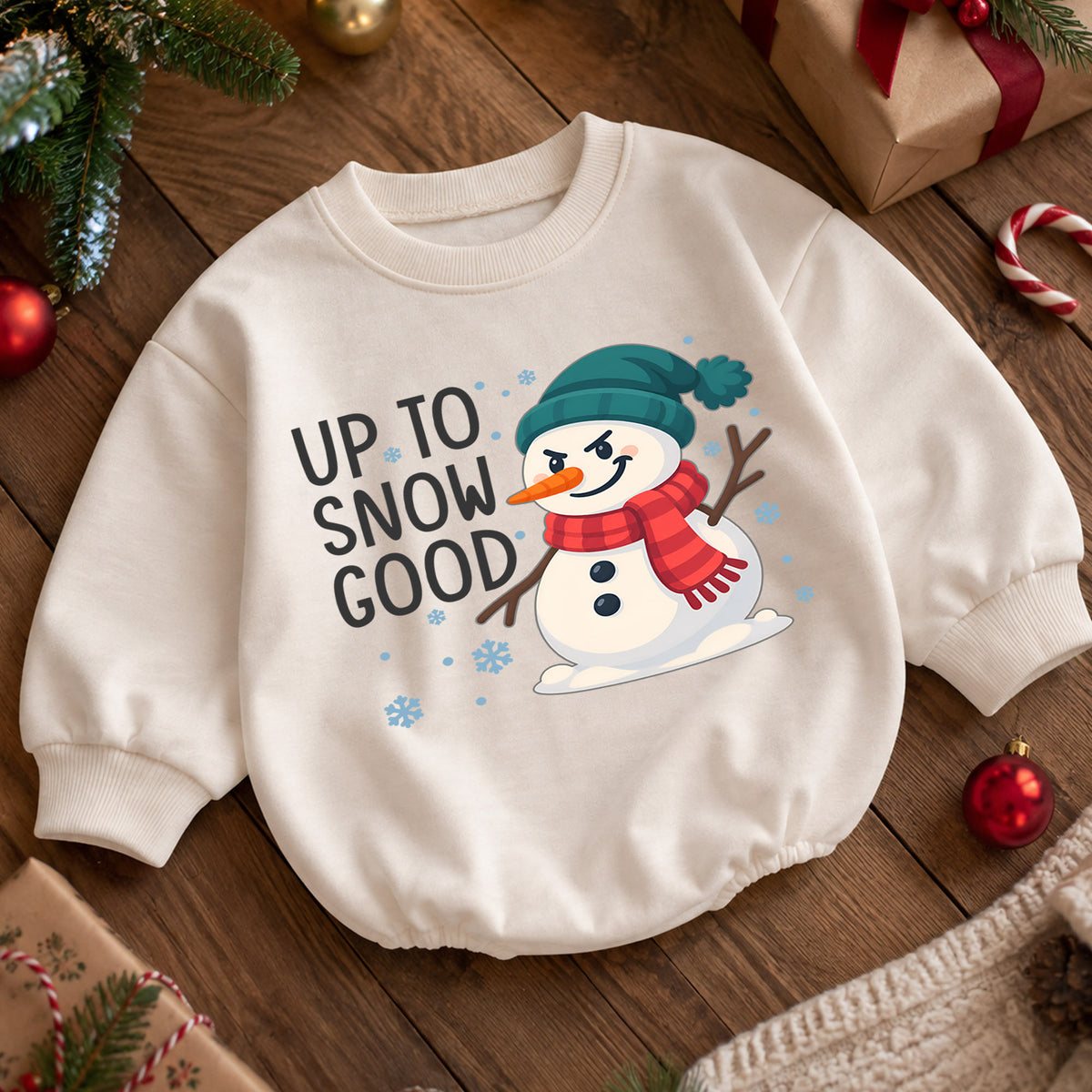 Up to Snow Good Baby Romper, Funny Snowman Christmas Romper, Toddler Winter Holiday Outfit, Cute Xmas Gift for Baby — product view 5