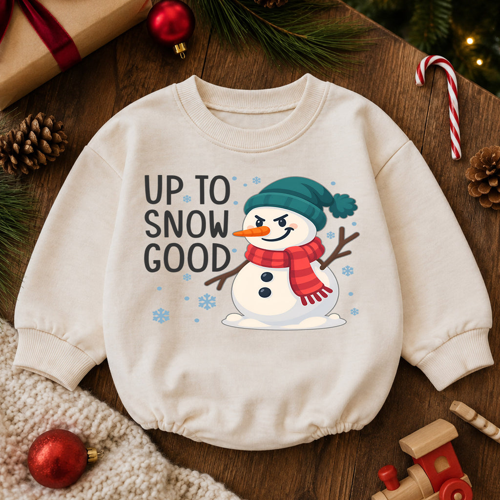 Up to Snow Good Baby Romper, Funny Snowman Christmas Romper, Toddler Winter Holiday Outfit, Cute Xmas Gift for Baby — product view 6