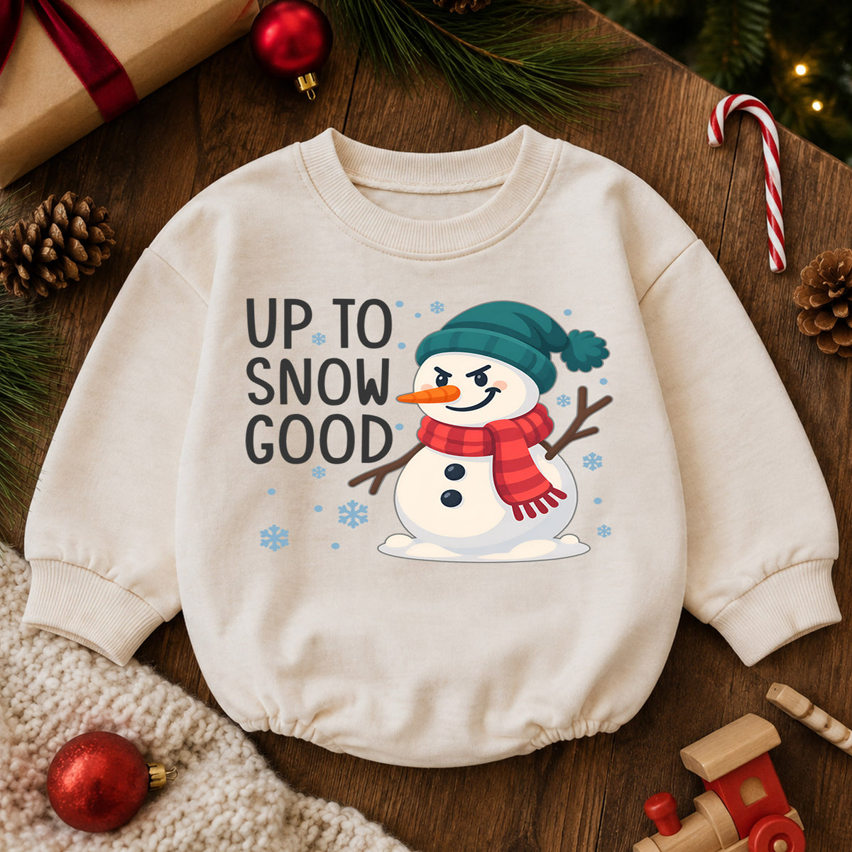 Up to Snow Good Baby Romper, Funny Snowman Christmas Romper, Toddler Winter Holiday Outfit, Cute Xmas Gift for Baby — product view 6