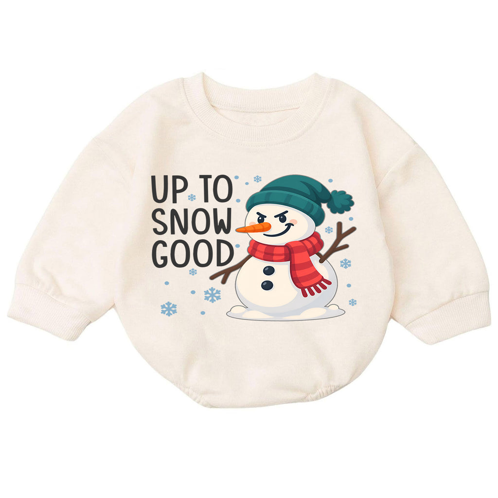 Up to Snow Good Baby Romper, Funny Snowman Christmas Romper, Toddler Winter Holiday Outfit, Cute Xmas Gift for Baby — product view 7