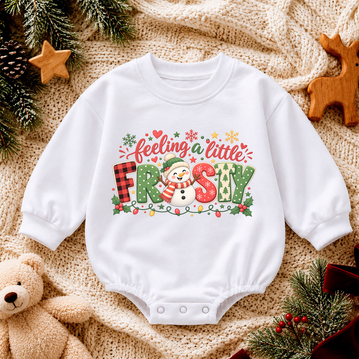 Feeling a Little Frosty Baby Romper, Cute Snowman Christmas Outfit, Winter 1st Birthday Gift, Baby 1st Christmas Keepsake — product view 4